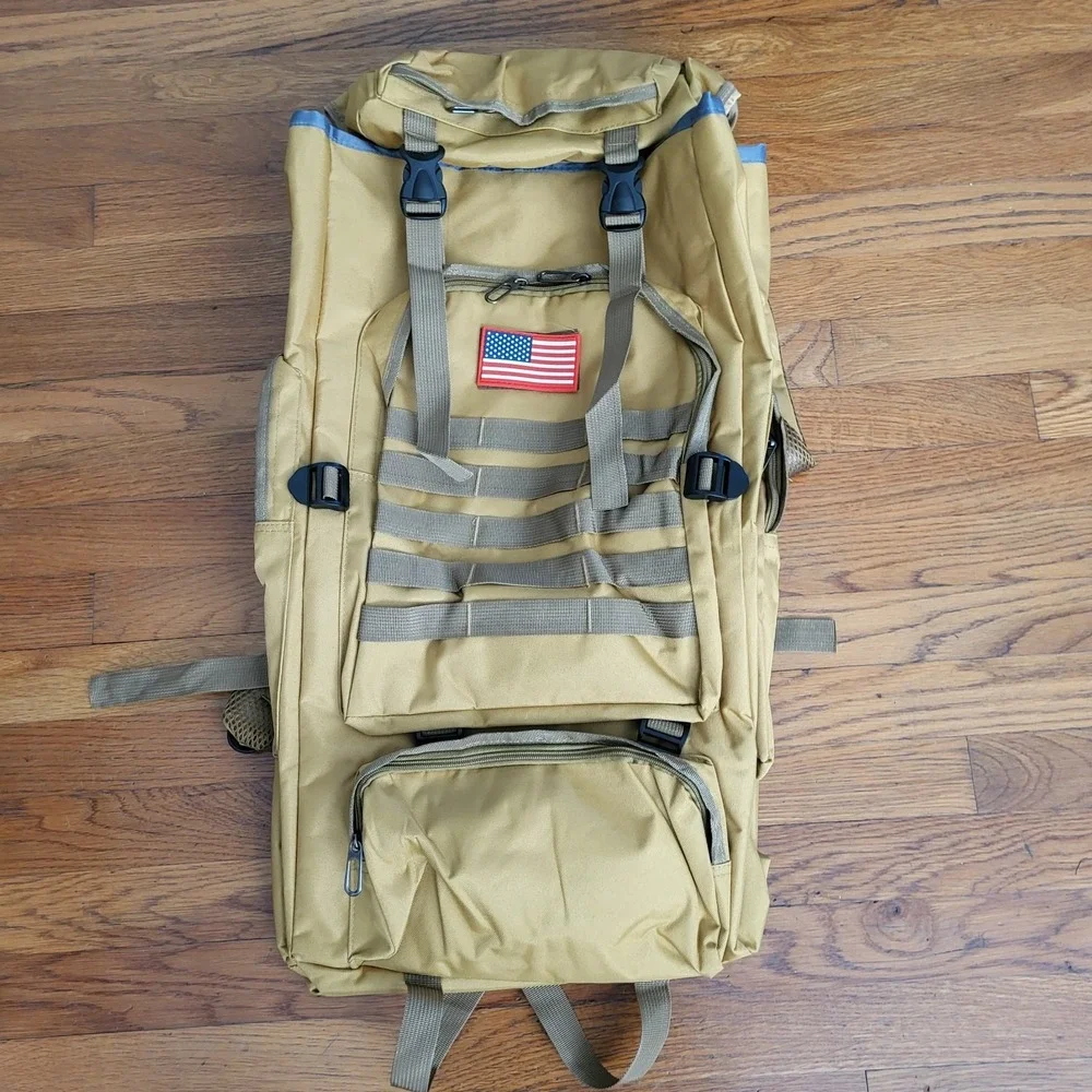 Large Hiking Backpack Waterproof Military Camping Rucksack Travel Daypack Tan